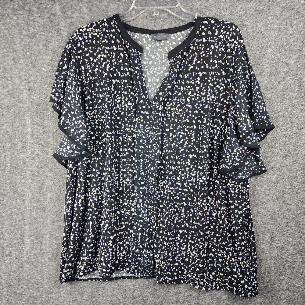 The Limited Blouse Women 2X Polka Dot Black Flutter Sleeve Split Neck EUC